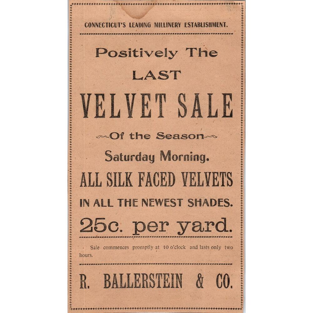 R. Ballerstein & Co Velvet Sale Hartford 1901 Newspaper Ad AD8-H1